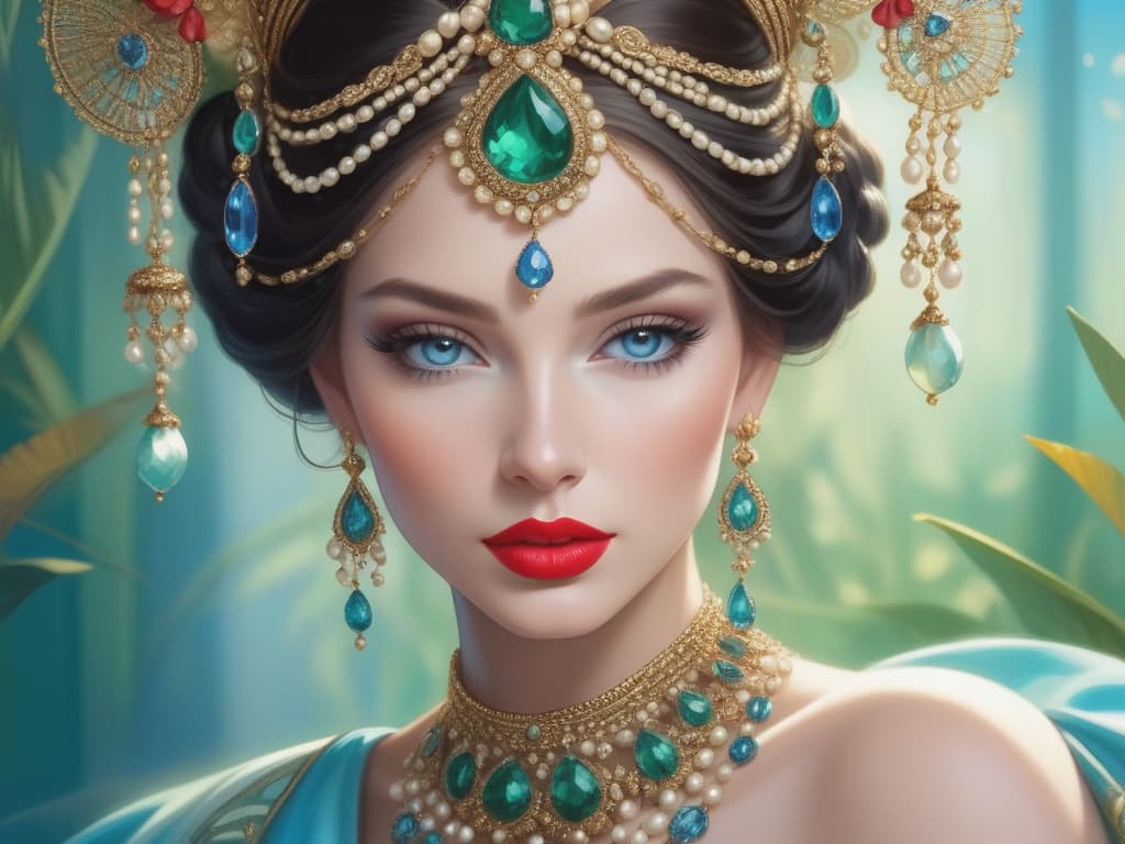  highly stylized and detailed portrait of a woman with fair skin, striking blue eyes, and full lips adorned with red lipstick. she is wearing an elaborate headdress and jewelry that includes a headpiece with green and white gemstones, large dangling earrings, and a matching necklace. the headdress is intricately designed with pearls and emerald like stones, complementing her traditional attire. the background is a soft, blurred mix of blue and green hues, creating a bokeh effect that highlights the subject's regal appearance. the overall composition is rich and vibrant, emphasizing the ornate and luxurious elements of her attire and accessories.