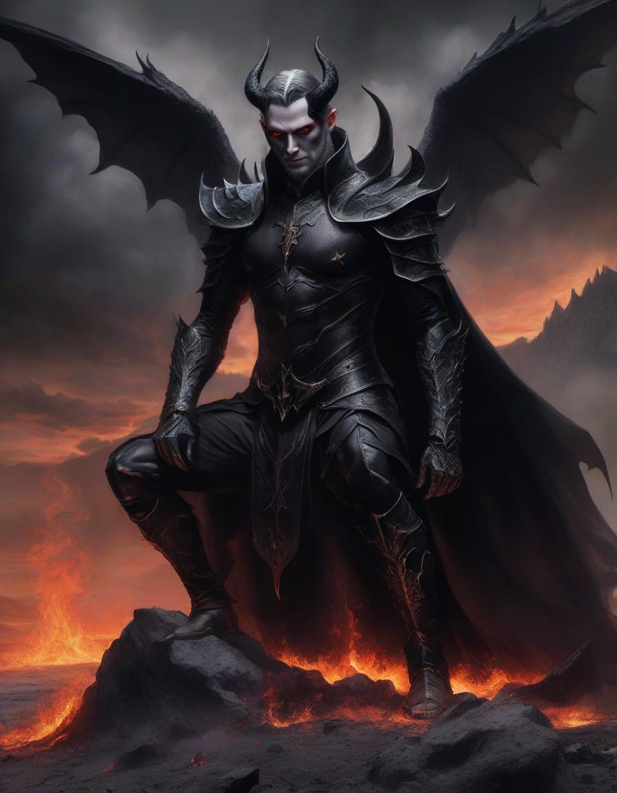  lucifer stands on his knees, with white skin, in black armor, in a black crown, with black obsidian eyes, looks up, tears of fire flow from his eyes, stands on a rock, in the middle of a gray wasteland, looks into a fiery sky, without horns.