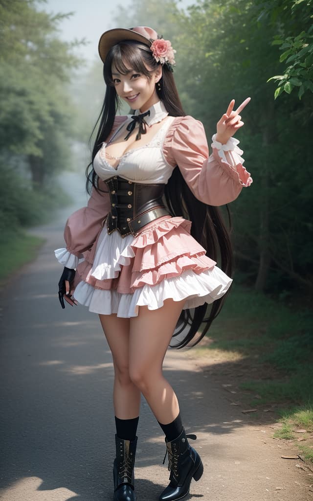  (32K, Real, RAW Photo, Best Quality: 1.4), (((Beautiful big eyes, Double eyelids))), (((Actress: Nozomi Honda,))), (((Big smile))), (Black hair), (Wavy long hair)), Full anatomical body, (Delicate and beautiful eyes: 1. 3)), (((Fusion of Lolita fashion and Steampunk fashion fusion)))((mini skirt))) Portrait, front view, facing face, upper body, face_forward, facing viewer, (standing, reaching, seductive smile, (cinnamon pink based outfit)(((pointing team punk pistol at viewer))) hyperrealistic, full body, detailed clothing, highly detailed, cinematic lighting, stunningly beautiful, intricate, sharp focus, f/1. 8, 85mm, (centered image composition), (professionally color graded), ((bright soft diffused light)), volumetric fog, trending on instagram, trending on tumblr, HDR 4K, 8K