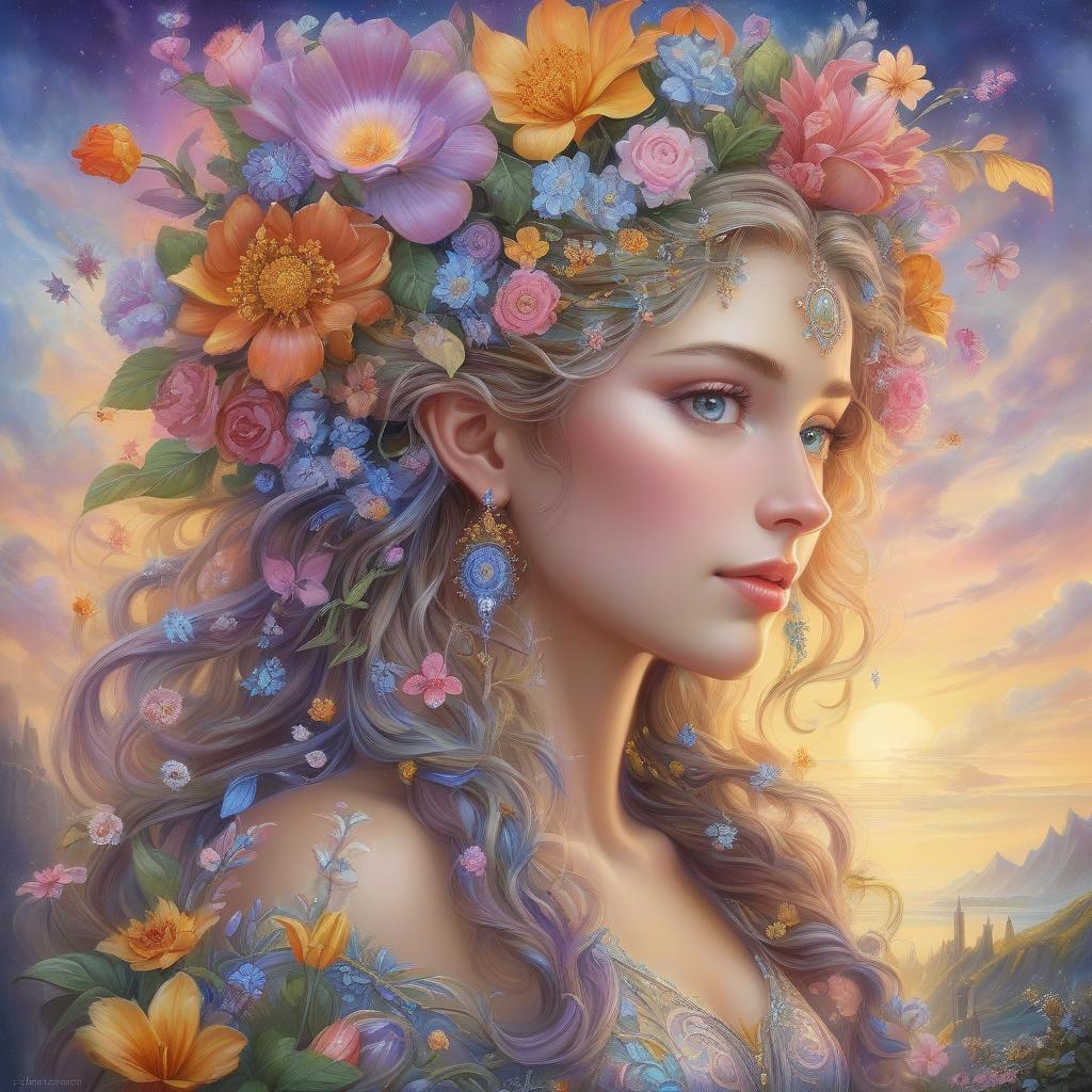  a painting of a woman with flowers in her hair, beautiful fantasy art portrait, beautiful fantasy portrait, beautiful fantasy painting, colorfull digital fantasy art, beautiful detailed fantasy, very beautiful fantasy art, beautiful fantasy art, inspired by josephine wall, romanticism art style, intricate fantasy painting, highly detailed fantasy art, anime art nouveau cosmic display, breathtaking fantasy art, by josephine wall