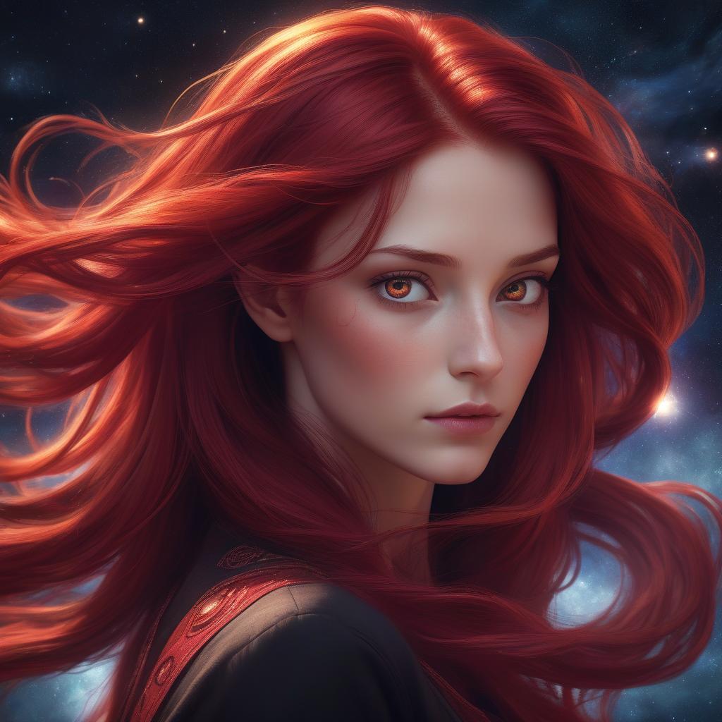  serene woman, long **crimson red hair** merging into cosmic winds, symbolizes aries, calm and bold expression, soft luminous skin, cosmic sky background, **deep red and black hues** with swirling galaxies, mystical atmosphere, eyes with a powerful, daring glow, hidden strength, courage, **crimson and black tones** in clothing, and **red light** illumination, 4k digital artwork, ultra realistic, high definition