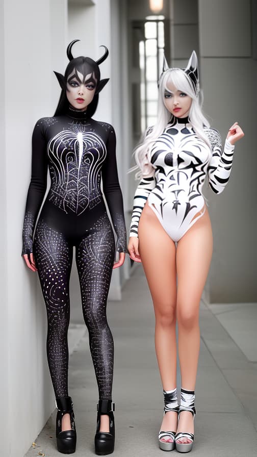  Black Spider-patterned body paint in every corner of the whole body, full-body, silver body paint, White face paint on the face,Two Dark elfs 女性