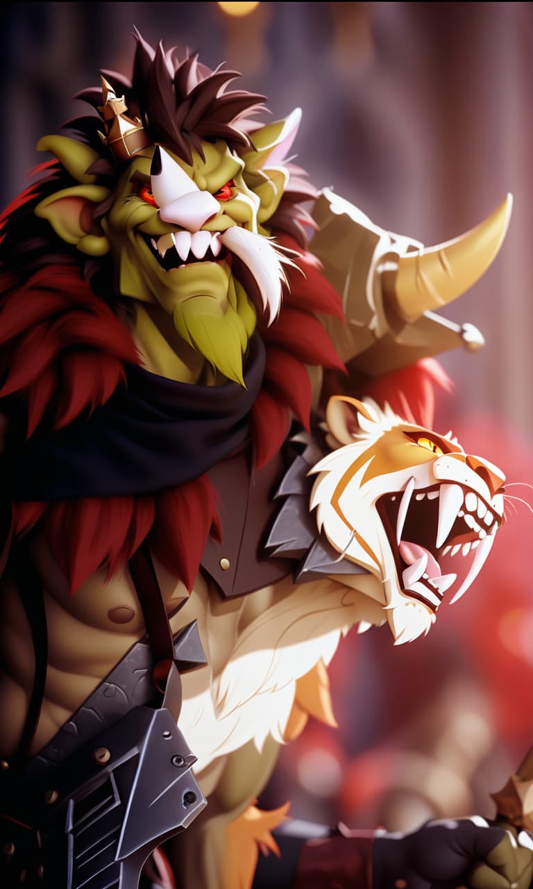  cinematic photo a goblin sits on a lion, an evil lion with a grin, an evil goblin king, a crown on his head, with a small beard, red eyes, an evil grin on his face, a mantle with a furry collar, a large axe on his shoulder, a sporty physique. . 35mm photograph, film, bokeh, professional, 4k, highly detailed, perfecteyes, hkmagic