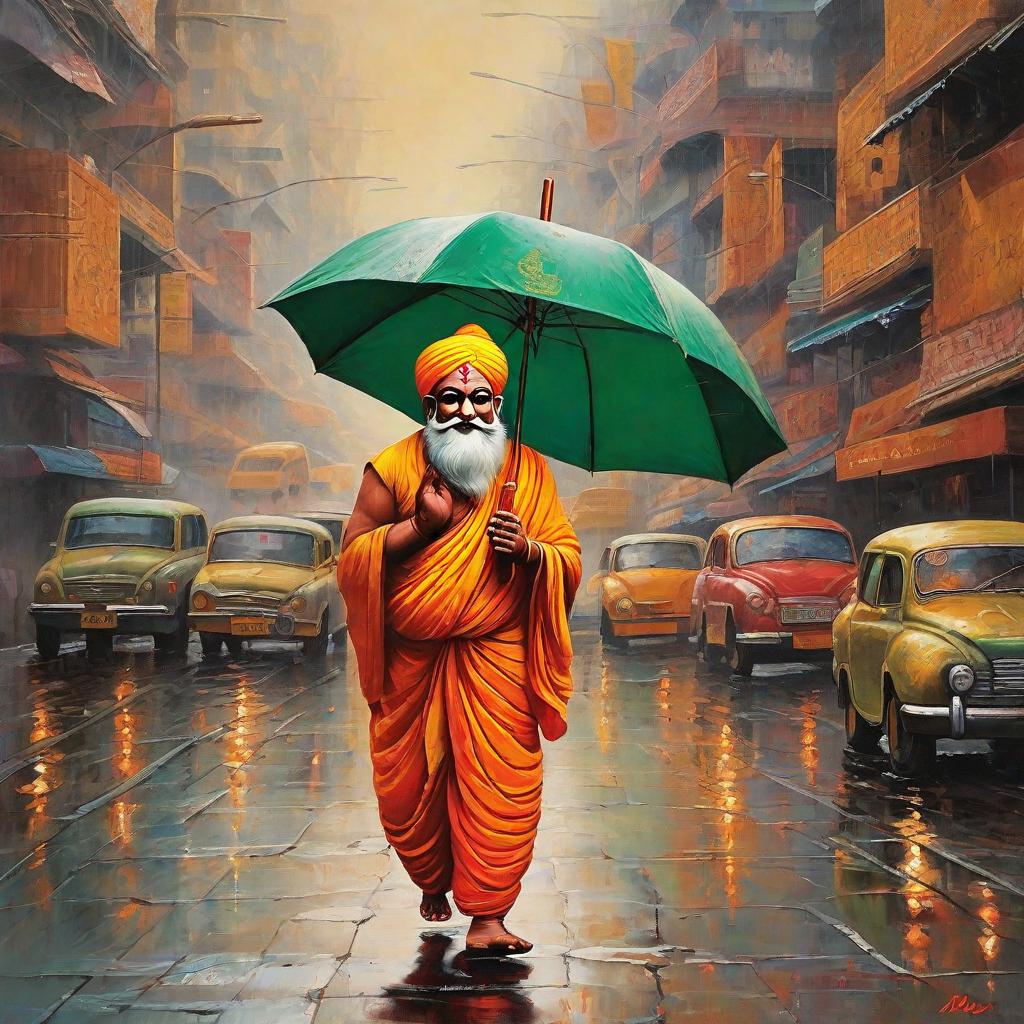  masterpiece, best quality, imagine Ganesh ji, the revered Hindu deity, strolling down a bustling road. he hold a colourful umbrella in his hand, which is contrasts with his traditional attire and lively urban backdrop. The scene blends the divine with the everyday, showcasing Ganesh Ji's serene presence amidst the modern world.