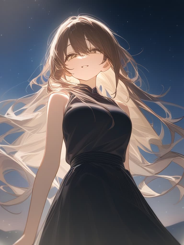  a girl who is laughing at me, a bright brown hair long hair, a transparent fleeting, the whole body facing the front, facing here, under the starry sky, the whole body, facing me, me i'm wearing a dubbed cardigan from the top of the black sleeveless with my eyes meet, masterpiece, best quality,8k,ultra detailed,high resolution,an extremely delicate and beautiful,hyper detail