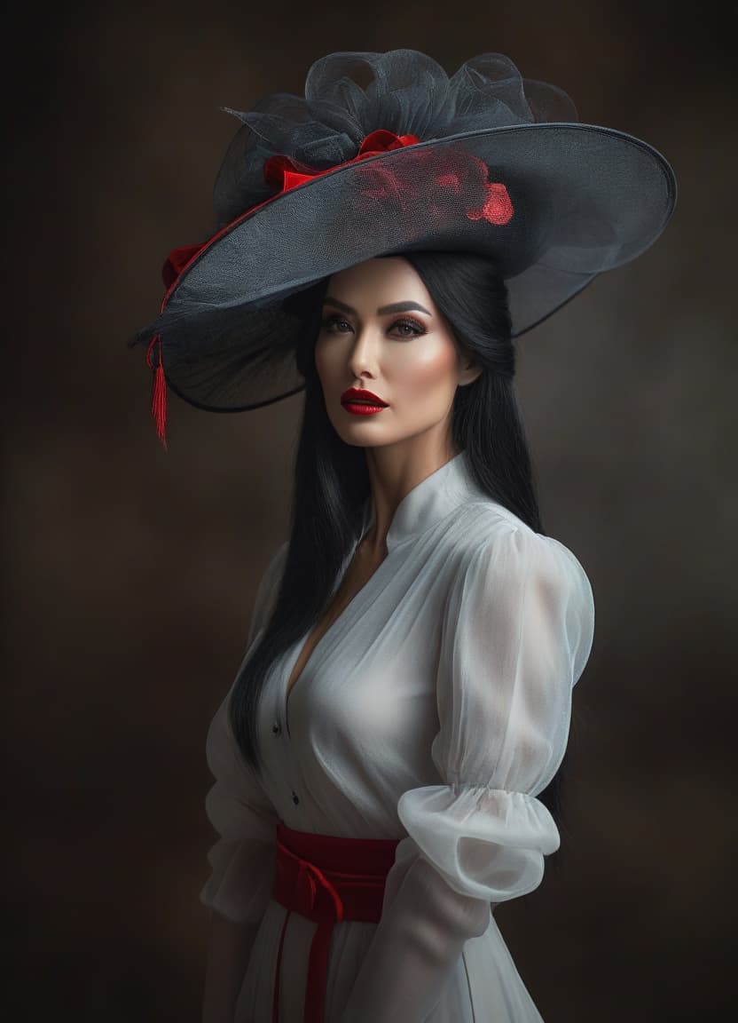  breathtaking black long hair, red hat . award winning, professional, highly detailed hyperrealistic, full body, detailed clothing, highly detailed, cinematic lighting, stunningly beautiful, intricate, sharp focus, f/1. 8, 85mm, (centered image composition), (professionally color graded), ((bright soft diffused light)), volumetric fog, trending on instagram, trending on tumblr, HDR 4K, 8K