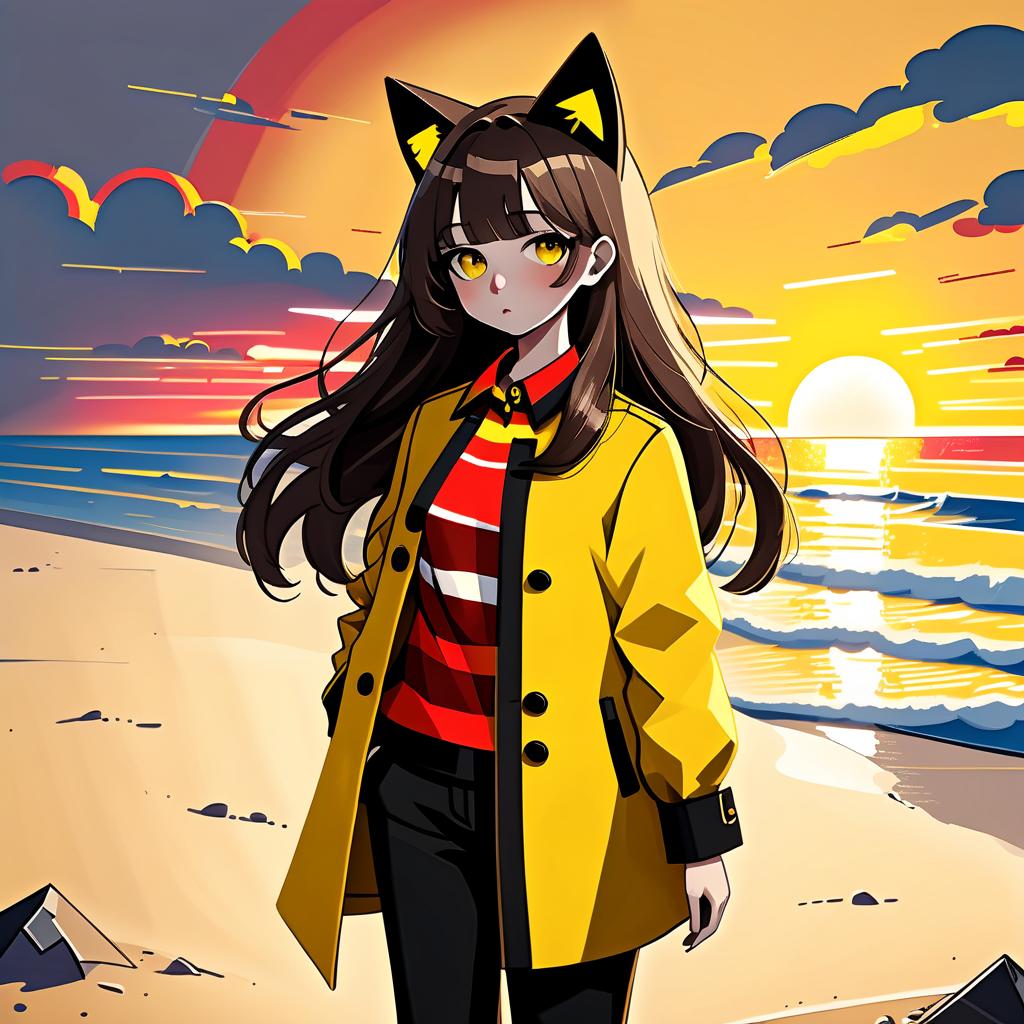  constructivist style the girl is standing on the beach. she has long dark brown hair that gently falls on her shoulders, from cat ears, and his face, with jewish and slavic features, exudes calmness with brown eyes. she is dressed in a bright yellow coat that immediately attracts attention and contrasts with the surrounding landscape. under the coat is a black shirt, and black pants are additionally decorated with yellow elements, creating a harmonious and stylish image. the sun sets over the horizon, shrouding everything around in red shades, and bright red stripes lie on the surroundings contrasting with the darkness and creating a magical atmosphere. . geometric shapes, bold colors, dynamic composition, propaganda art style