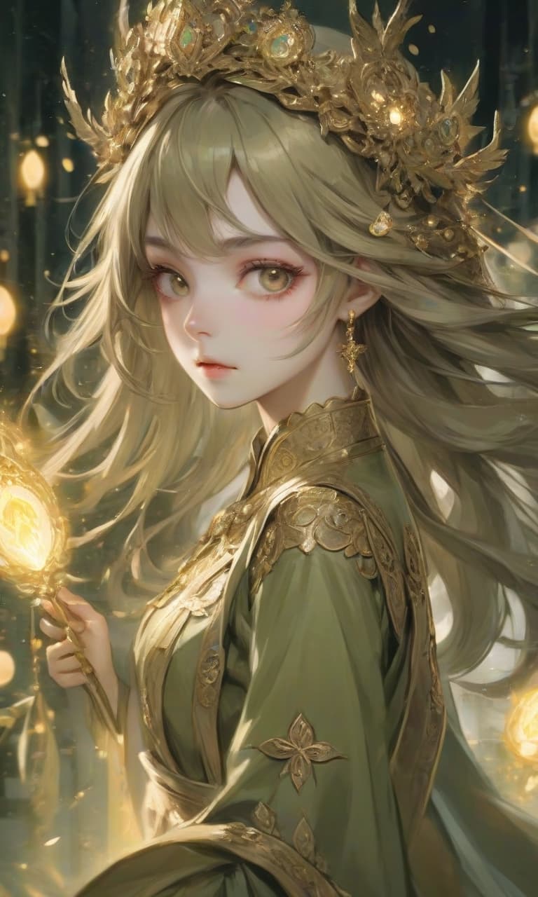  the girl merchants eyes the color of khaki, which shine with a bright, magical light, as if energy is burning inside them. the eyes radiate a mystical glow, emphasizing their depth and mystery, hkmagic