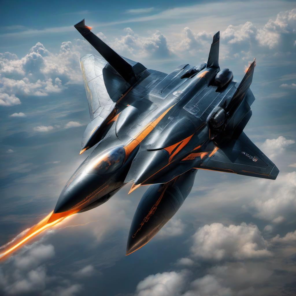  futuristic black fighter of the sixth generation in the sky, the image of orange lightning on the wings and body, aerography dynamically, macro photography clear focus hyperdetailing hdr+