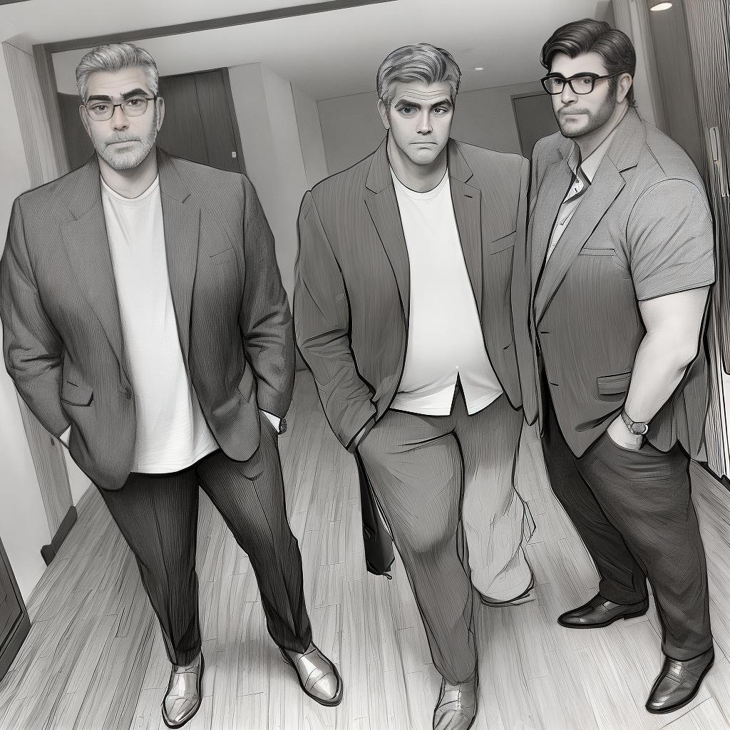  masterpiece, best quality, full length really rough outline pencil sketch of an overweight George Clooney. casually dressed, wearing glasses, with no beard, he has long hair in a brushed back hair style, and his shirt is not tucked in, scruffy look.