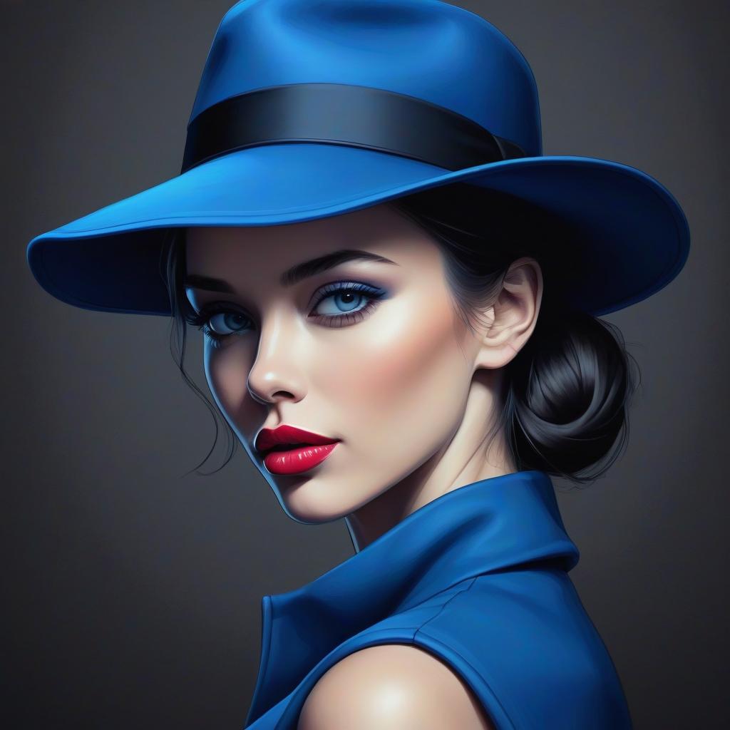  line art drawing close up of a woman in a blue hat, on a dark background, vector graphics, author kuno weber, computer graphics on trend, digital art, laurie earley, beautiful kiss, elegant oil painting, parted lips, stunning, 1024 pixel profile photo, glamorous . professional, sleek, modern, minimalist, graphic, line art, vector graphics