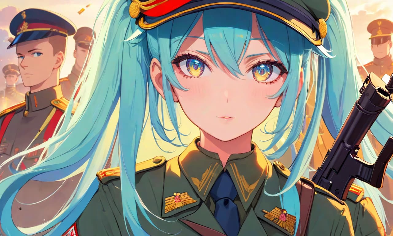  anime artwork miku hatsune one with ak 74 and military uniforms of the russian armed forces . anime style, key visual, vibrant, studio anime, highly detailed