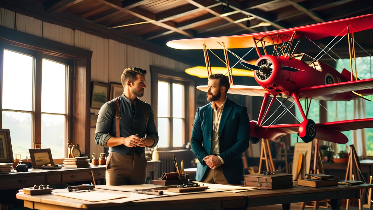  a vintage workshop scene with early flying machines, blueprints scattered, a wooden biplane in the foreground, and inventors in period clothing passionately discussing their designs, surrounded by tools and sketches of flight. hyperrealistic, full body, detailed clothing, highly detailed, cinematic lighting, stunningly beautiful, intricate, sharp focus, f/1. 8, 85mm, (centered image composition), (professionally color graded), ((bright soft diffused light)), volumetric fog, trending on instagram, trending on tumblr, HDR 4K, 8K