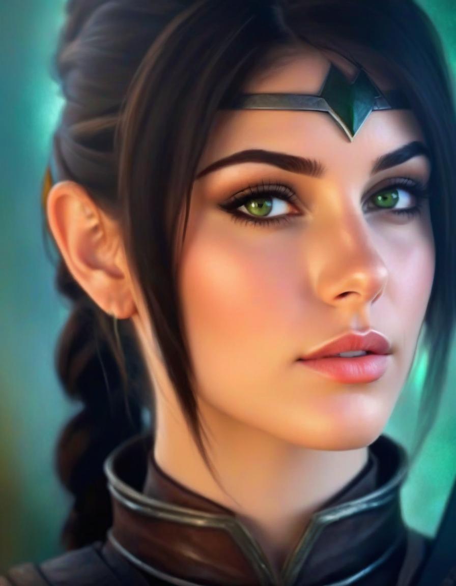  hdr photo of create a highly detailed portrait of a young female warrior with striking features, slender, angular face with high cheekbones and a sharp jawline, skin is fair and smooth, with a few faint scars on her left cheek, eyes are almond shaped and a deep, piercing green, giving her an intense, focused expression, gaze is serious, almost stern, reflecting her determination and inner strength, eyebrows are dark and well defined, arching slightly to add to her determined look, hair is dark brown, almost black, and is cut short, framing her face in a slightly tousled style, a small section of her hair is tied back with a thin, silver circlet adorned with a dark gemstone in the center, resting on her forehead, ears are slightly pointed, s