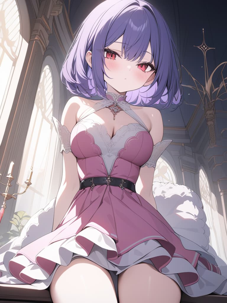  blue purple hair, bob hair, short hair, pink dress, red eye, vampire, devil feather, , young, young lady, young , masterpiece, best quality,8k,ultra detailed,high resolution,an extremely delicate and beautiful,hyper detail