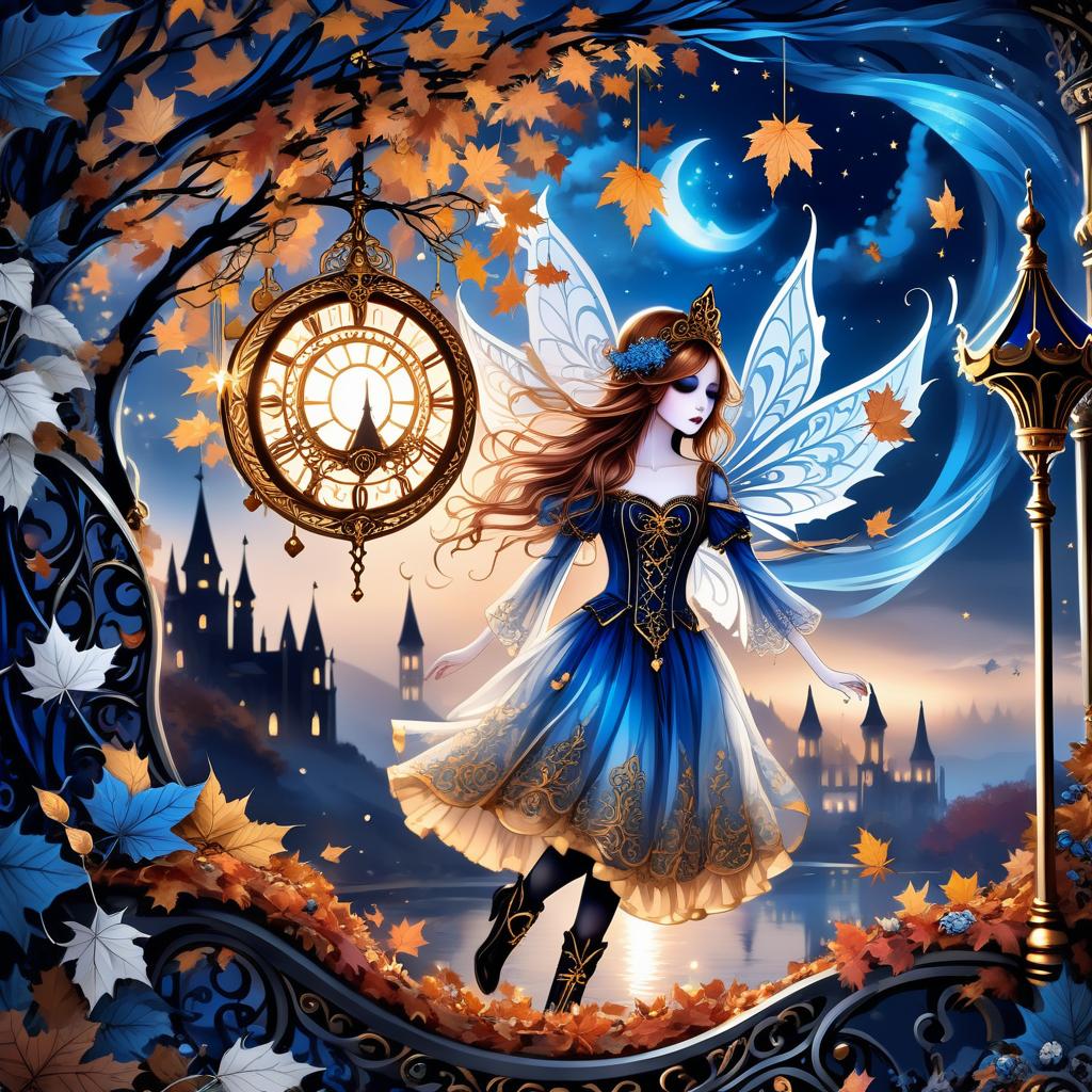  gothic style the blue evening is melting my love is with you let it be a dream sleep sticks to your eyelashes. sometimes of autumn leaves, with the goodness of pure dates, the wind will blow and you'll be touched a dream with christmas cheer and a child's merry go round let the dream take you away. (style):fantasy, fairy tale, dream, magic, flight, close up. (colours):white, soft blue, navy blue, gold, rose gold, bluish silver. . dark, mysterious, haunting, dramatic, ornate, detailed