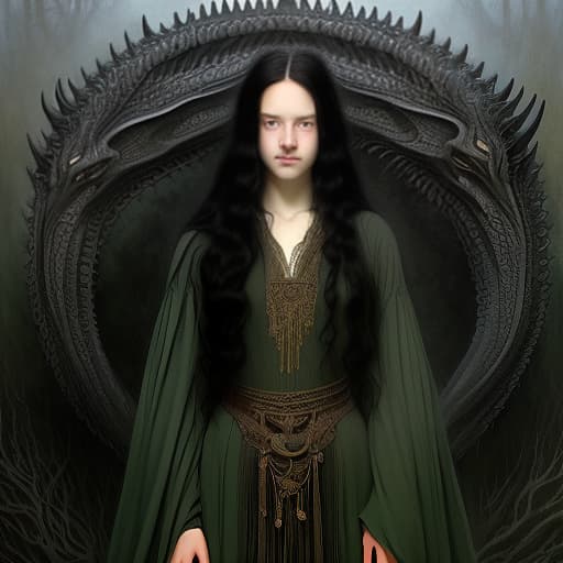  young woman. human. beautiful. long black hair. pale green eyes. dressed in a black dress, magic, dragons, elves, castles, by donato giancola, ruan jia, kekai kotaki, magali villeneuve, even mehl amundsen