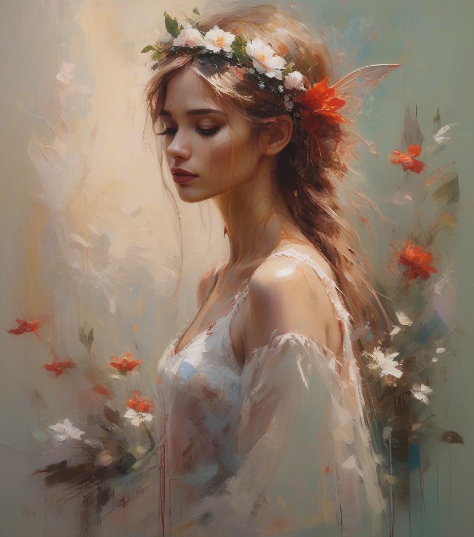  hyperrealistic art ((amazing quality, award winning, intricately detailed, ultra realistic, extremely detailed 8k)), ((oil painting by henry asencio)) portrait of fairy, floral headband, faded art . extremely high resolution details, photographic, realism pushed to extreme, fine texture, incredibly lifelike