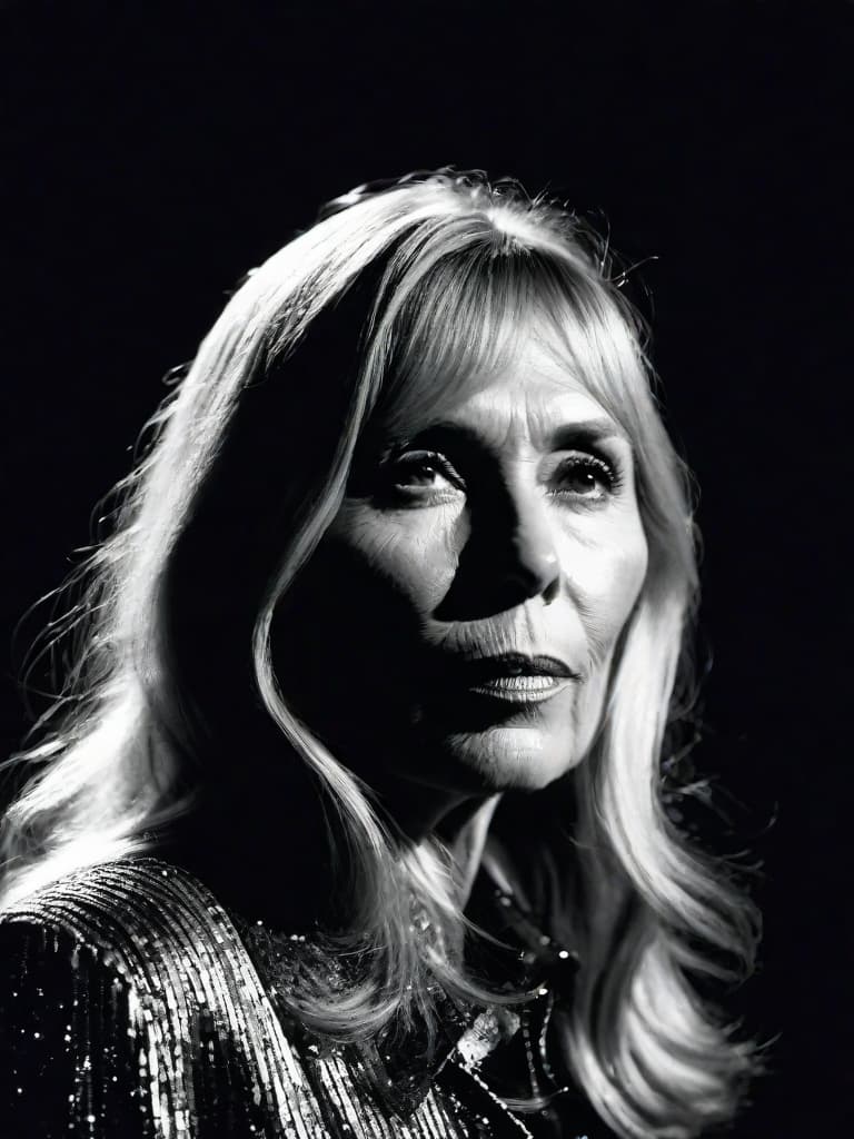  A younger Country singer Joni Mitchell, medium shot, upper body, spotlight, long exposure lighting, street art style spray paint, glamour lighting