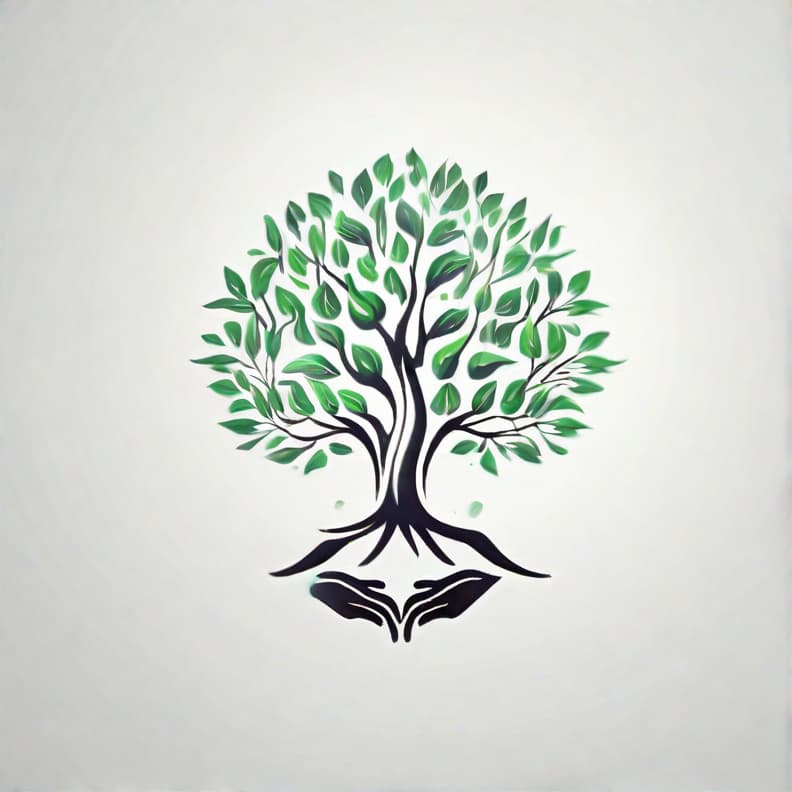  i want to create a brand logo as a sketch for a holistic academy of life consisting of a subtractive tree between two upwards hands.