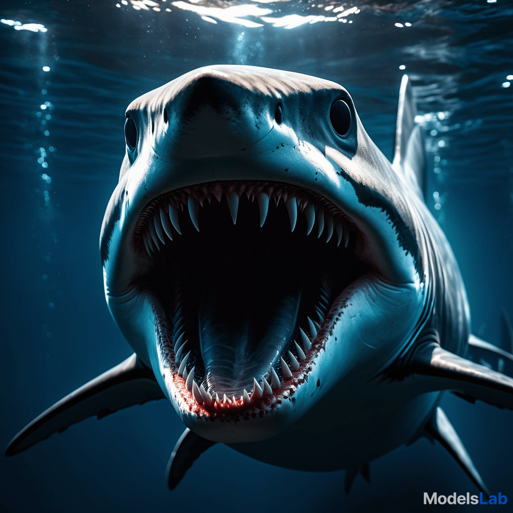  a realistic 8k portrait of a terrifying shark deep in the ocean at night, with its mouth wide open. the shark's eyes and mouth emit an intense red light, illuminating the surrounding dark water. the ocean is dimly lit with deep blue and black tones, creating a menacing atmosphere. the red glow casts shadows around the shark, highlighting its sharp teeth and adding a supernatural, horror like effect. subtle light rays from above barely penetrate the murky water, adding to the eerie, otherworldly feel of the scene. hyperrealistic, full body, detailed clothing, highly detailed, cinematic lighting, stunningly beautiful, intricate, sharp focus, f/1. 8, 85mm, (centered image composition), (professionally color graded), ((bright soft diffused light)), volumetric fog, trending on instagram, trending on tumblr, HDR 4K, 8K