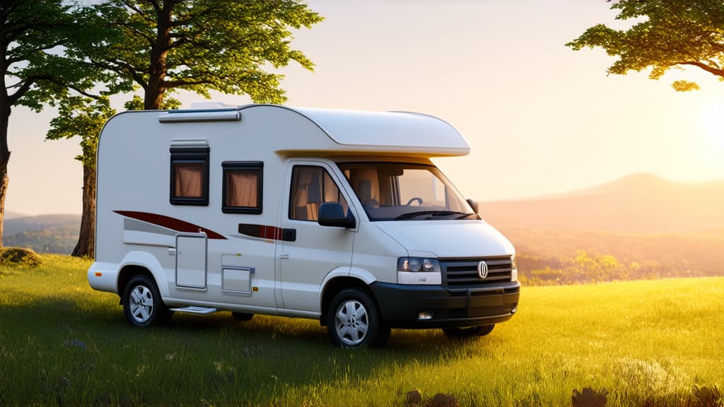  epic realistic, hyperdetailed, (cycles render:1.3), caustics, (glossy:0.58), (artstation:0.82),a white camper van parked in a scenic landscape during sunset. this image represents travel, freedom, and the beauty of nature ar 16:9