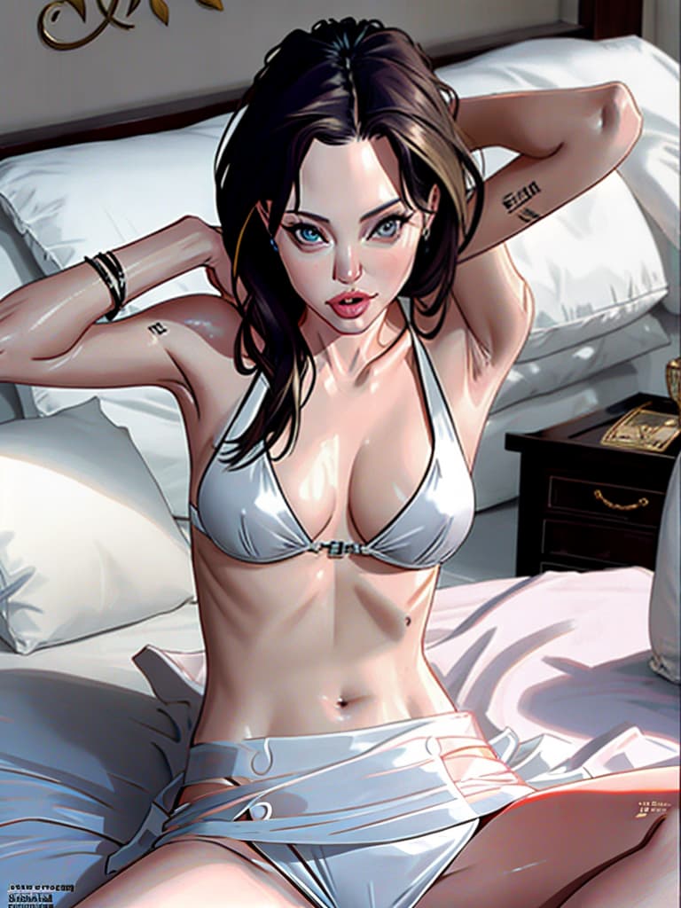  Angelina Jolie, no clothing, laying on a bed in suggestive poses