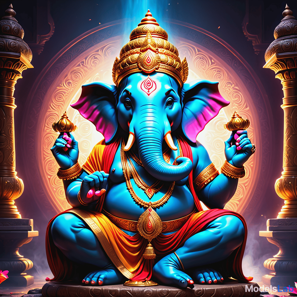  create an anime style depiction of lord ganesha. the character should have a dynamic and action packed pose, showcasing his iconic elephant head with exaggerated, expressive eyes and a slightly elongated trunk, characteristic of anime. his body should be strong and heroic, with flowing garments and ornate jewelry that appear to be moving as if caught in the wind. use vibrant and saturated colors to enhance the energetic feel of the scene. the background should include dynamic elements like swirling energy or magical symbols, contributing to an epic and vibrant atmosphere. blend traditional elements of ganesha with a bold, anime inspired look. hyperrealistic, full body, detailed clothing, highly detailed, cinematic lighting, stunningly beautiful, intricate, sharp focus, f/1. 8, 85mm, (centered image composition), (professionally color graded), ((bright soft diffused light)), volumetric fog, trending on instagram, trending on tumblr, HDR 4K, 8K