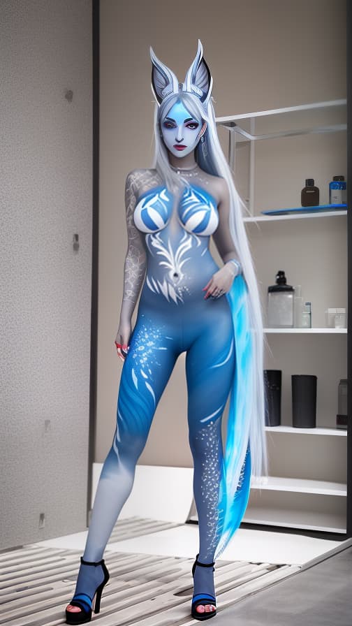  Blue and Grey flame pattern body paint in every corner of the whole body,Grey body paint full body, White flame pattern face paint on the face, two dark elf, full body image 女性