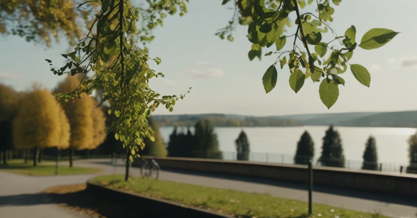  cinematic photo realistic landscape on a hill, a metropolis in the distance, a linden tree on the left and a linden tree on the right, a sunny day, a park, a lake reflects trees, cinematic . 35mm photograph, film, bokeh, professional, 4k, highly detailed