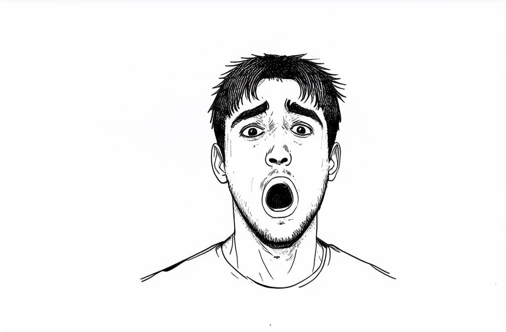  contour, very simple image in one unbroken black ink line, single line of young man shocked. mindlown expression ar 3:2 using a single continuous black line ink brushon white background, drawing should be created without lifting the pen, recognizable features of young man shocked. mindlown expression ar 3:2 in one unbroken line