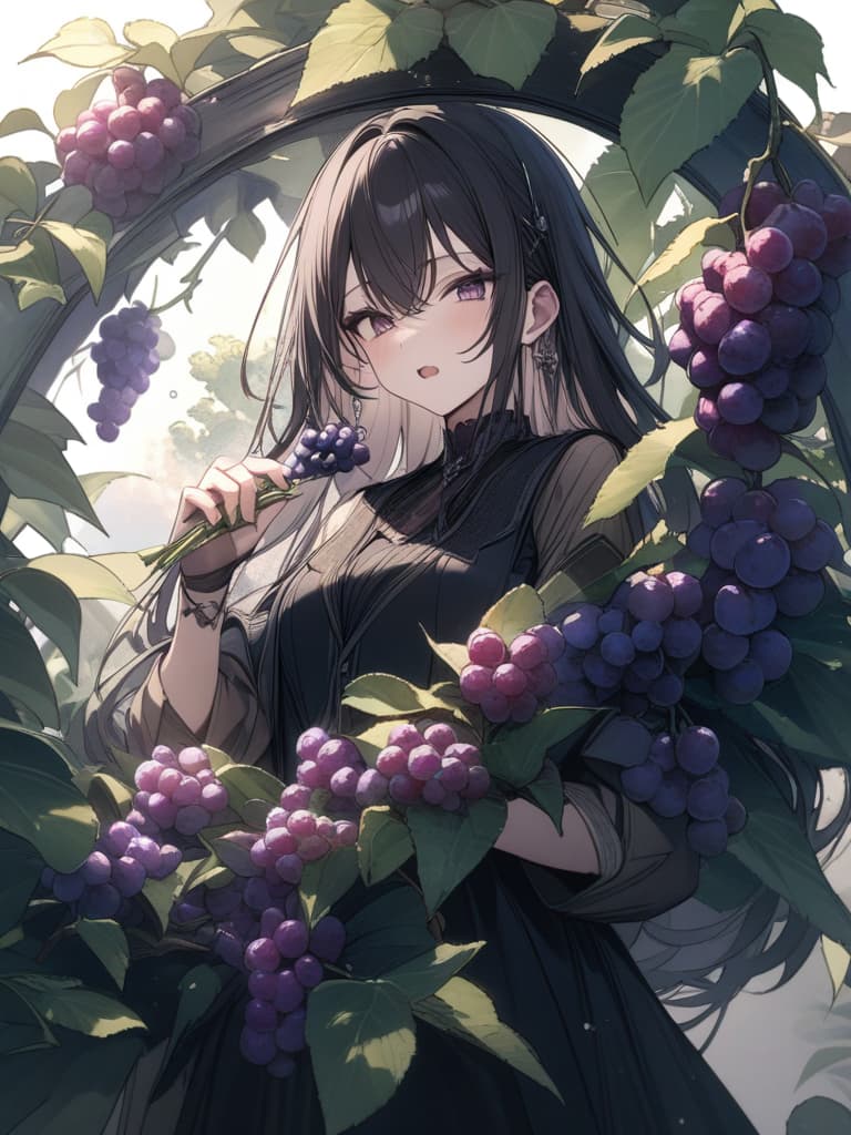  reaper that eats with grapes in your hand, open your mouth and eat grapes, masterpiece, best quality,8k,ultra detailed,high resolution,an extremely delicate and beautiful,hyper detail