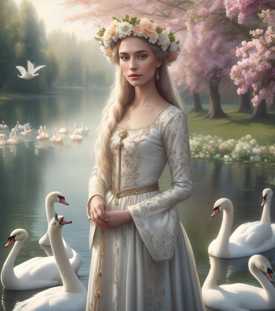  hyperrealistic art a woman in a medieval dress with a flower crown stands by a serene lake with swans and blooming flowers. beautiful woman in a serene lake, renesians portrait with beautiful flowers and nature around the lake. . extremely high resolution details, photographic, realism pushed to extreme, fine texture, incredibly lifelike