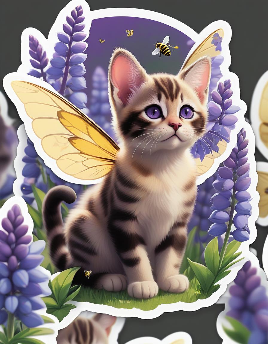  draw a cat in a bee with wings, which is among the purple flowers of lupin, sticker