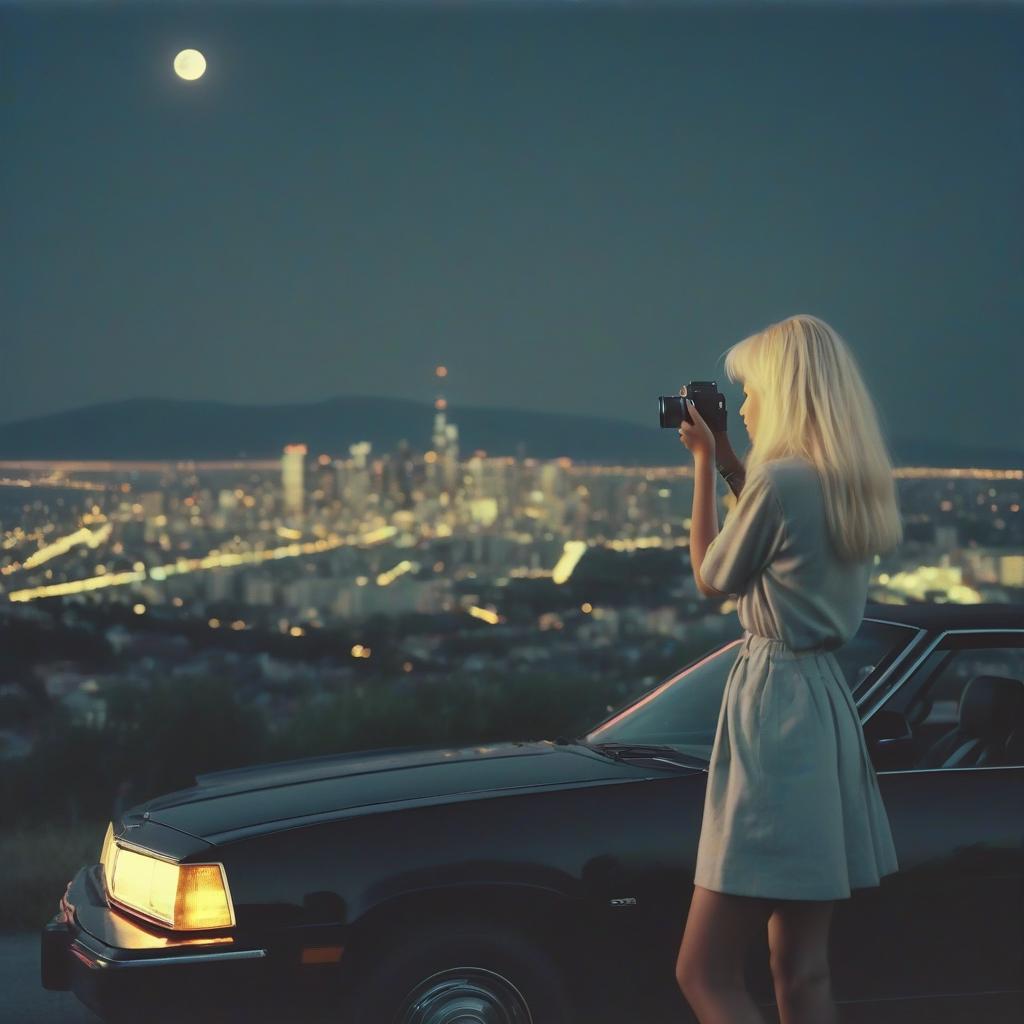  analog film photo a platinum blonde girl takes a photo of a blonde guy on a polaroid, a black car, a view from a hill, a city in the background, a time of twilight, a full bright moon, a style of 80 90s. . faded film, desaturated, 35mm photo, grainy, vignette, vintage, kodachrome, lomography, stained, highly detailed, found footage