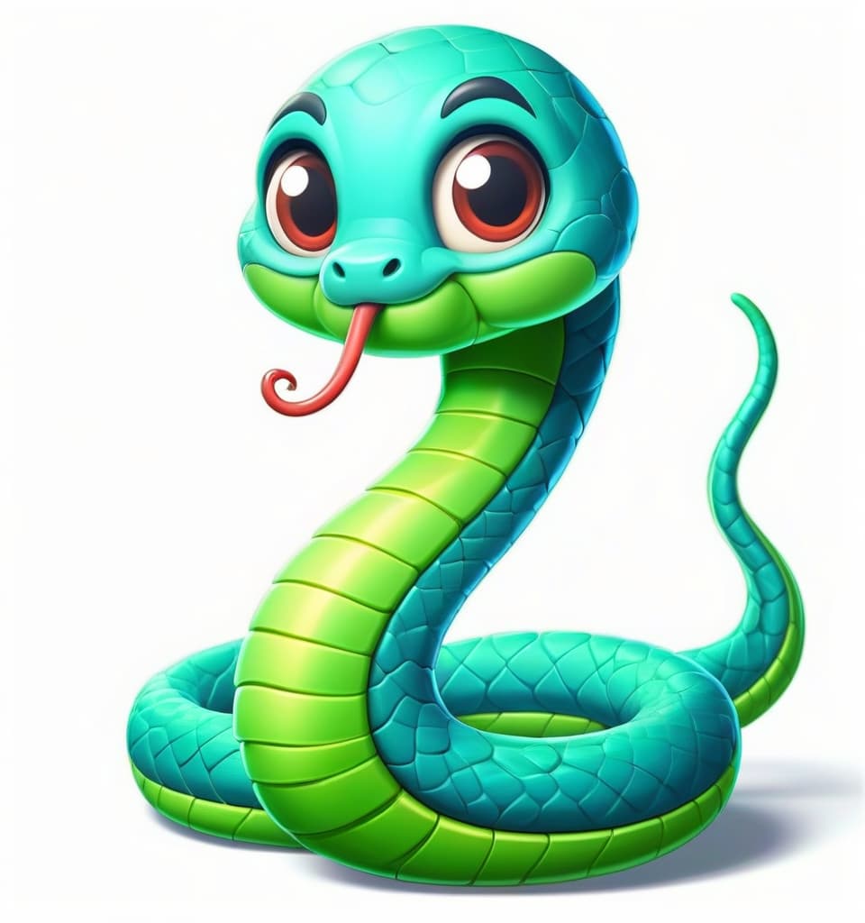  sweet kind cartoon character in the form of a curled snake of green color with detailed scaly skin, 3d in full growth on a white background in a santa cap