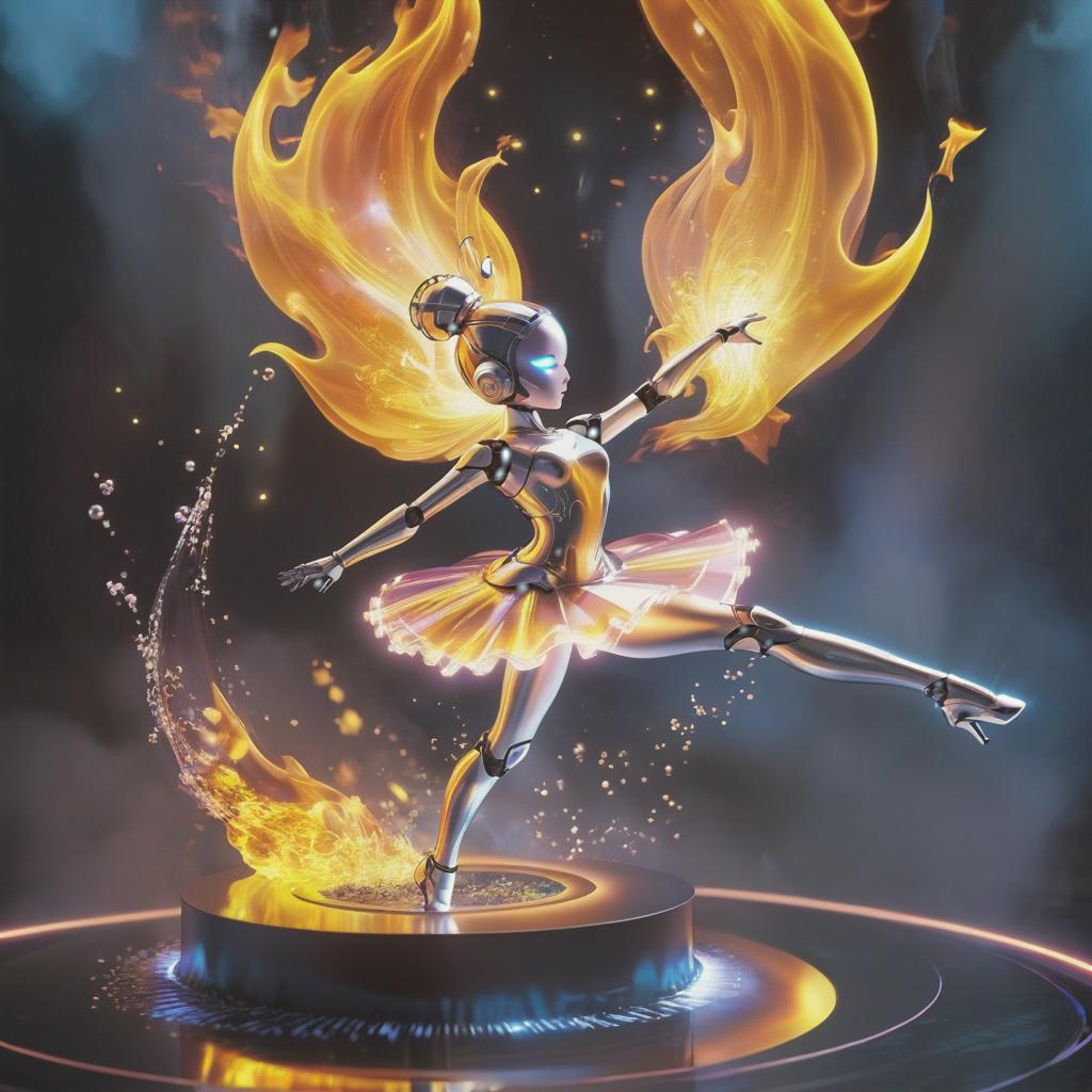  a ballerina robot dances in a flame of liquid glass., glowneon, hkmagic