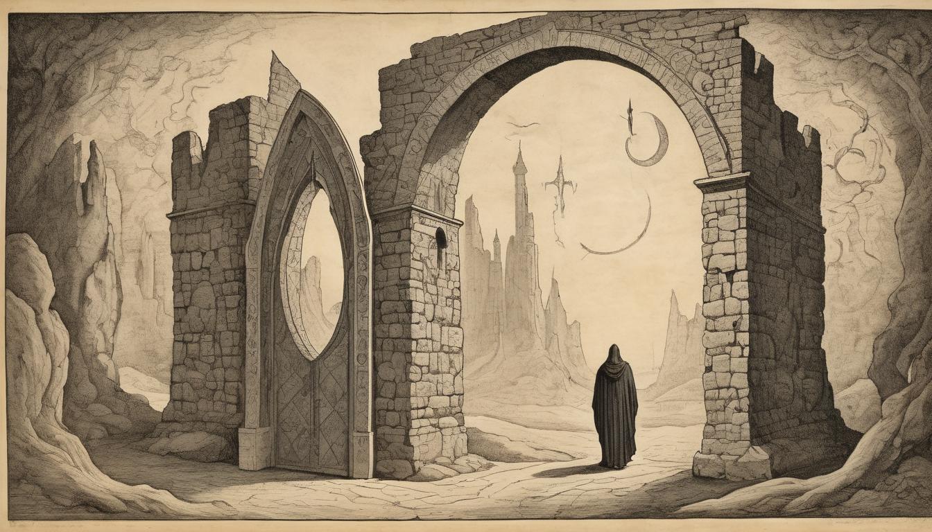  on parchment, surrealism++, a cloaked figure standing before a colossal gate, arcane symbols etched into the stone, gate partially ajar, sense of mystery and higher calling(mysterious, provocative, symbolic)++