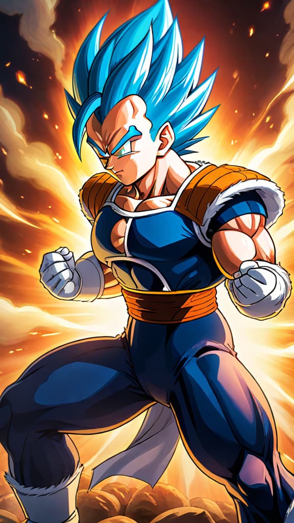  anime art: vegeta from dragon ball unlocking a new form surpassing super saiyan blue, rewriting saiyan history. hyperrealistic, full body, detailed clothing, highly detailed, cinematic lighting, stunningly beautiful, intricate, sharp focus, f/1. 8, 85mm, (centered image composition), (professionally color graded), ((bright soft diffused light)), volumetric fog, trending on instagram, trending on tumblr, HDR 4K, 8K