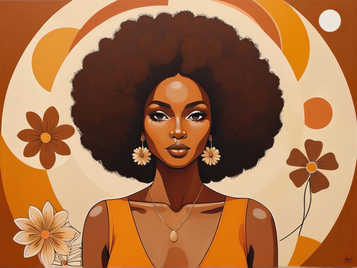  minimalism, a beautiful african woman with brown skin. with an afro. she wears a flowy 70s outfit. a retro brown 70s flower design is in the background. a minimalist painting, abstract, simple geometic shapes, hard edges, sleek contours, minimalism