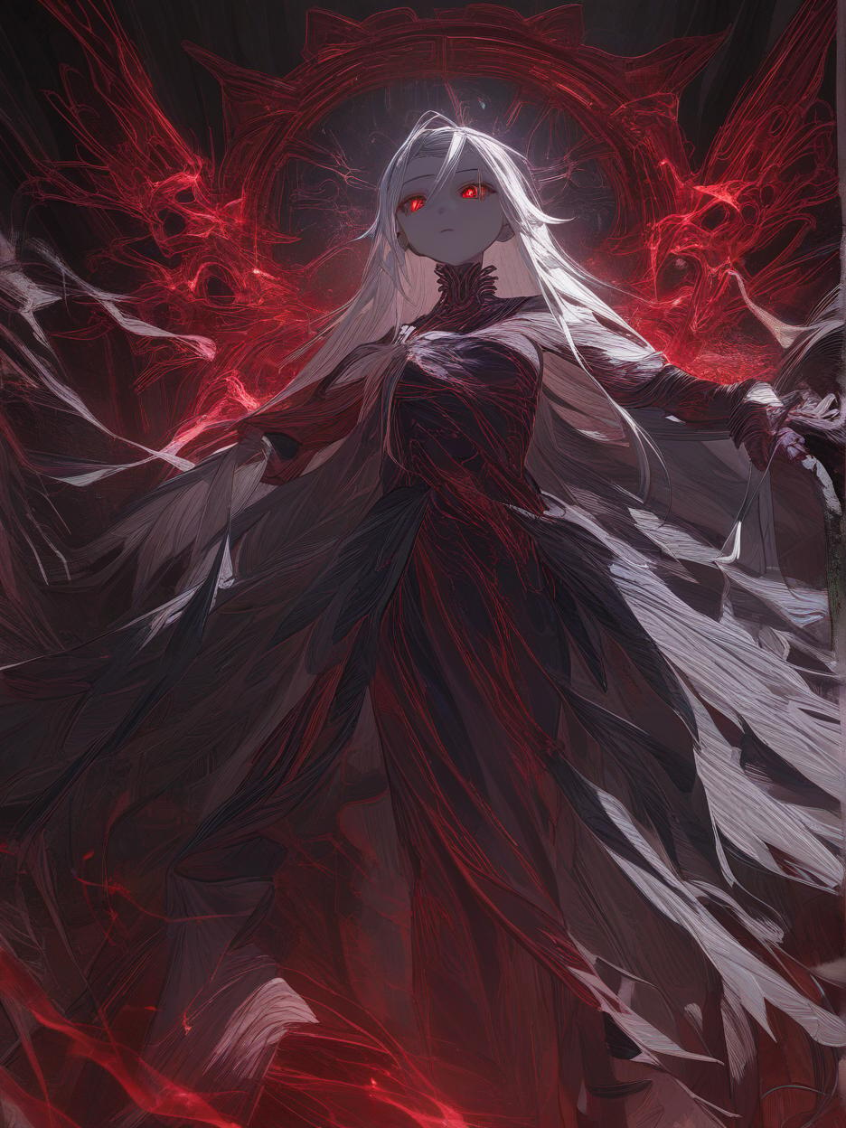  an anime photo of a female sorceress wearing a mix of matte black metal with armor of iridescent synthetic cloths. the woman has long white hair, luminescent red eyes, gray skin, and luminescent red scars on her face. the figure is wrapped in a dark garment engraved with runes, woven with luminescent threads that pulsate with a dark red hue. below the garment, visible on the figure's neck and hands, are circuit shaped tattoos that pulsate with electric red energy, integrating seamlessly into the high tech design. the background of the photo is a dark, misty forest at night, with tall, gnarled trees and bioluminescent plants casting a mysterious light. the figure is a sentinel, exuding an aura of dark wisdom and arcane power, in a world wher