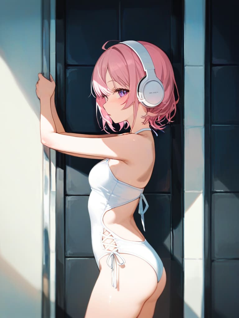  back, blond twin tail, white headphones, whole body, legs, hugging on the wall, pose that protrudes the ocks, tile walls, small , s, hungry, pool s, pool showing back , white swimwear, swimwear, masterpiece, best quality,8k,ultra detailed,high resolution,an extremely delicate and beautiful,hyper detail