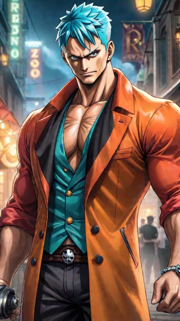  anime art: franky (one piece) holds pluton blueprints entrusted by tom, showcasing loyalty and courage. hyperrealistic, full body, detailed clothing, highly detailed, cinematic lighting, stunningly beautiful, intricate, sharp focus, f/1. 8, 85mm, (centered image composition), (professionally color graded), ((bright soft diffused light)), volumetric fog, trending on instagram, trending on tumblr, HDR 4K, 8K