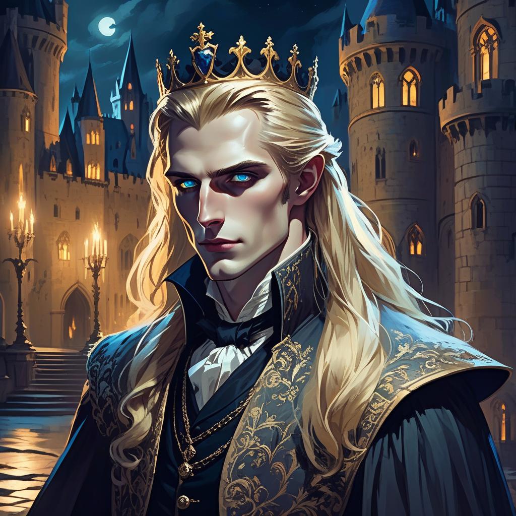  concept art young vampire aristocrat in rich clothes with long blonde hair, at night in a huge castle with a small crown on his head, aesthetics of beauty, grace . digital artwork, illustrative, painterly, matte painting, highly detailed