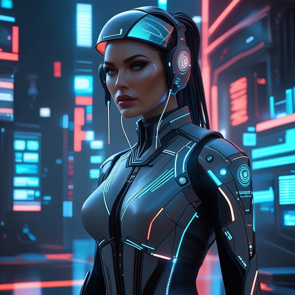  best quality, hd, a futuristic hacker with a sleek, tech enhanced outfit featuring neon circuitry and a holographic interface. the avatar should have an intense, focused expression and be surrounded by digital code and glowing data streams hyperrealistic, full body, detailed clothing, highly detailed, cinematic lighting, stunningly beautiful, intricate, sharp focus, f/1. 8, 85mm, (centered image composition), (professionally color graded), ((bright soft diffused light)), volumetric fog, trending on instagram, trending on tumblr, HDR 4K, 8K