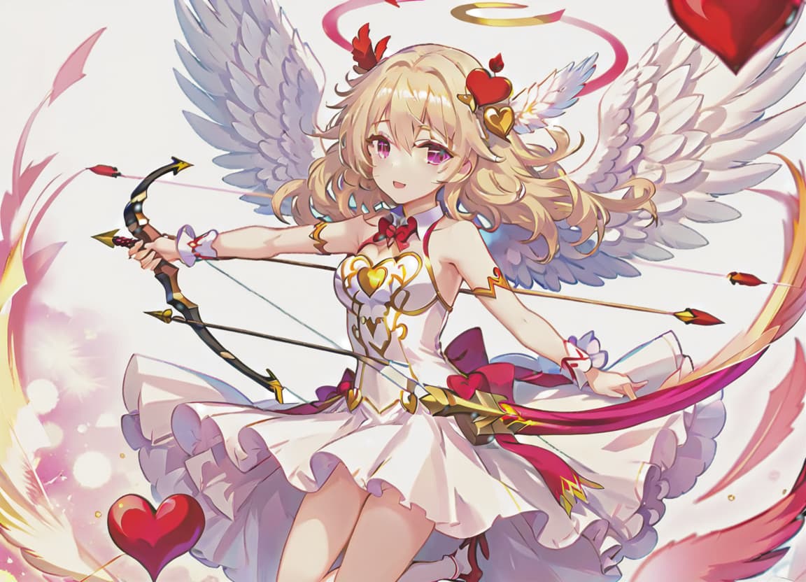  anime artwork cupid girl angel wings on his back, a golden bow with an arrow in the shape of a heart in his hand white skin, white long wavy hair, pink makeup, delicate white cupid dress dynamic pose it flies at full height . anime style, key visual, vibrant, studio anime, highly detailed