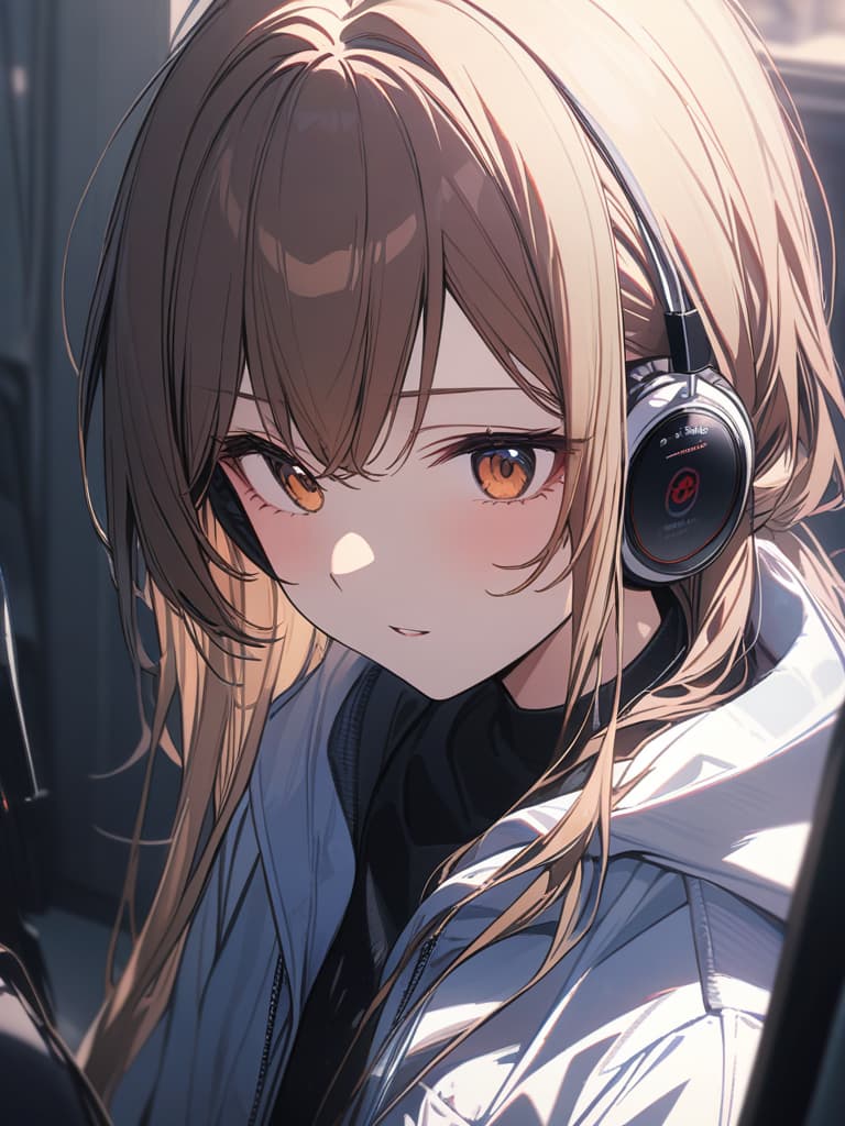  headphones, girls, brown hair, cool, beautiful, masterpiece, best quality,8k,ultra detailed,high resolution,an extremely delicate and beautiful,hyper detail