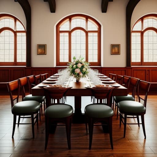  communion table in a large retro bohemian dining hall hyperrealistic, full body, detailed clothing, highly detailed, cinematic lighting, stunningly beautiful, intricate, sharp focus, f/1. 8, 85mm, (centered image composition), (professionally color graded), ((bright soft diffused light)), volumetric fog, trending on instagram, trending on tumblr, HDR 4K, 8K