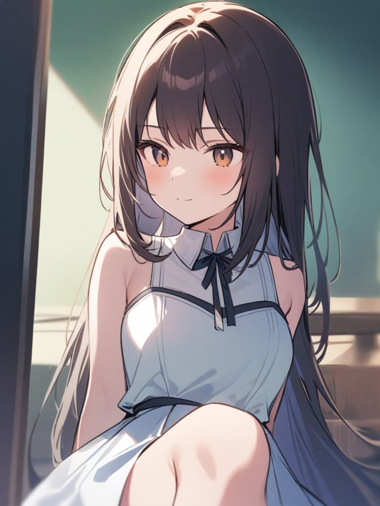  gentle illustration {clean beautiful girl:1.5}{dark brown hair:1.5}{shiny straight long hair:1.5}{half up:1.5}{gentle smile:1.5}{she is wearing a dress with white collar on dark blue background:1.2}{upper body} masterpiece,high quality,16k,super analysis