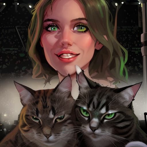  two cats, a girl with green eyes, music, microphone, magic, enthusiasm, spotlights, stage